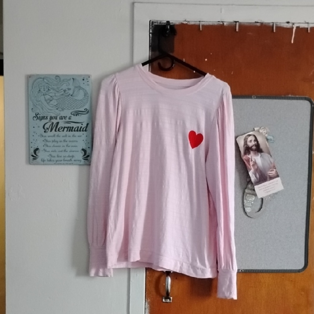 LOFT Pink Long Sleeve Sweater with Red Heart